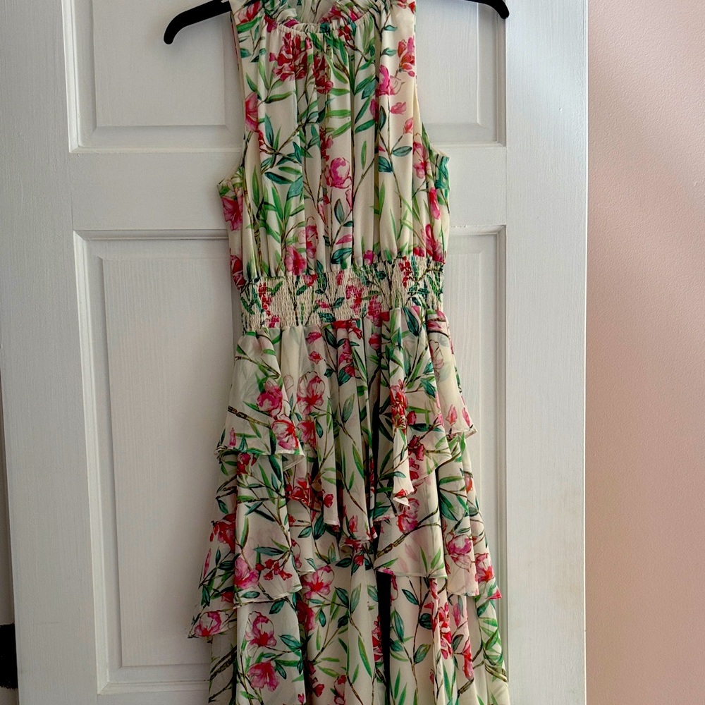 Eliza J Cream Floral Ruffle Midi dress.